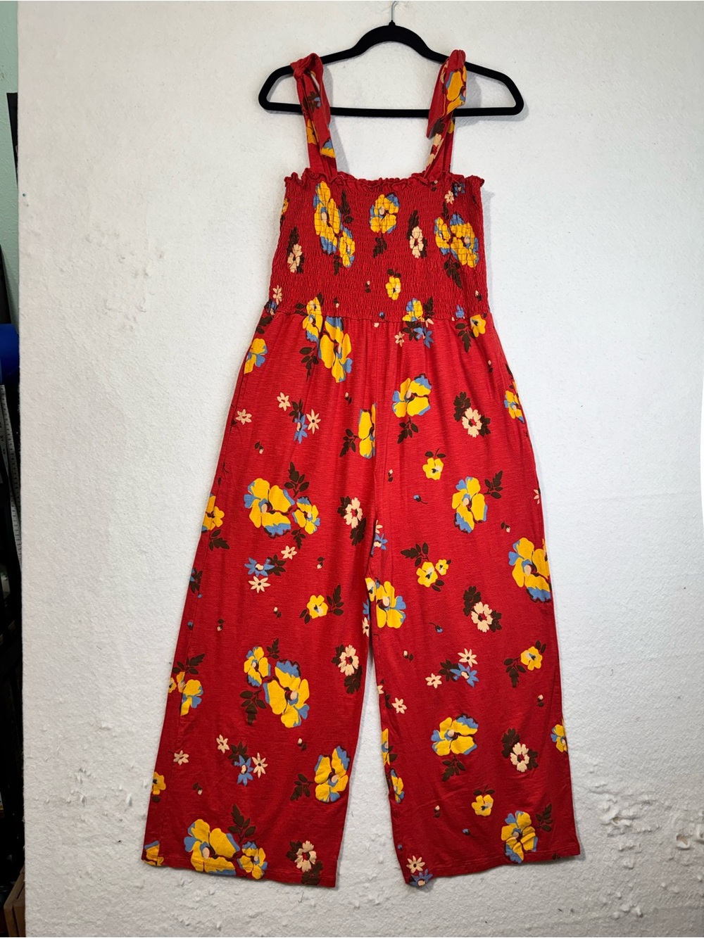 Toad&Co Gemina Red Wide-Leg Smocked Jumpsuit Vibrant Yellow & Blue Floral Print